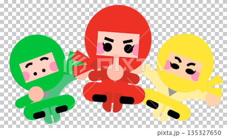 並んでポーズをとるかわいい忍者キャラクターのイラストセット 135327650