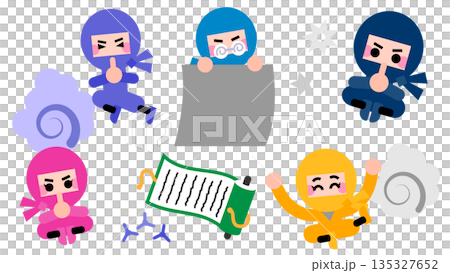 Illustration set of cute ninja characters practicing ninjutsu 135327652
