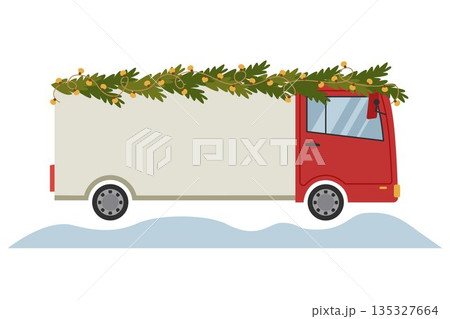 Christmas red truck decorated with fir branches and a garland. N 135327664
