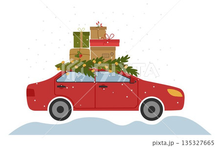 Red Christmas car, carrying a lot of gifts and fir branches with a garland on the roof. New Year's delivery. Vector holiday illustration. Red Christmas car, carrying a lot of gifts and fir branches with a garland on the roof. New Year's delivery. Vector holiday illustration. 135327665