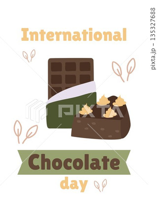 International Chocolate Day. Banner with a candy bar and a piece of cake with an inscription for celebration. Vector illustration, design template. International Chocolate Day. Banner with a candy bar and a piece of cake with an inscription for celebration. Vector illustration, design template. 135327688