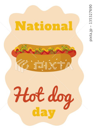 National Hot Dog Day. A template for a holiday banner with traditional fast food with sausage, ketchup and mustard. Vector illustration, design option. 135327690