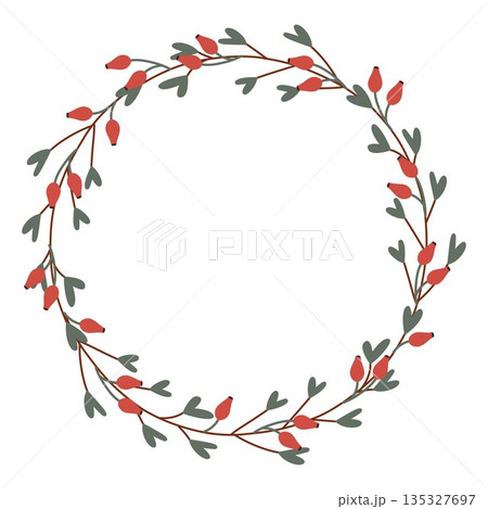 Autumn wreath of red rosehip berries and twigs with heart-shaped leaves. Vector round frame for the design of postcards, invitations and seasonal decor. 135327697