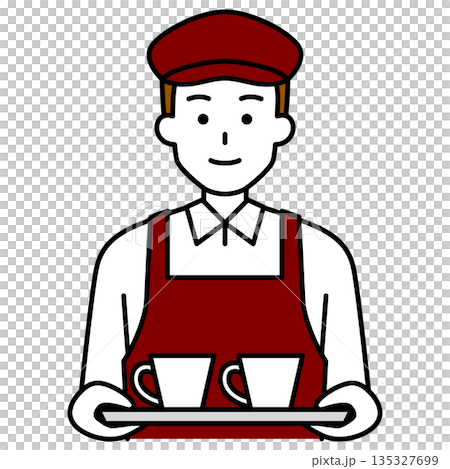 一位端著咖啡的咖啡店男店員 135327699