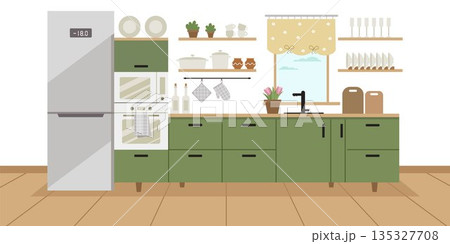 A cozy kitchen with a window by the sink and flowers. Modern furniture and cooking appliances. 135327708