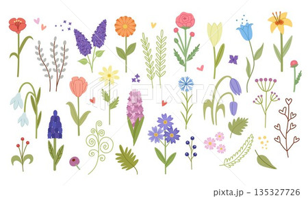Spring flowers set. Peony, lilac, rose, muscari, snowdrop. Spring flowers set. Peony, lilac, rose, muscari, snowdrop. 135327726