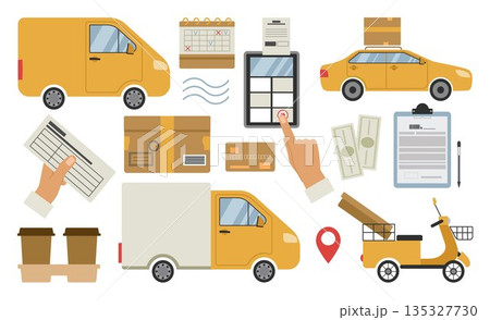 Delivery service set. Truck, car, electric scooter, various types of transport parcels and boxes, cash register and documents. Vector illustration for design. 135327730