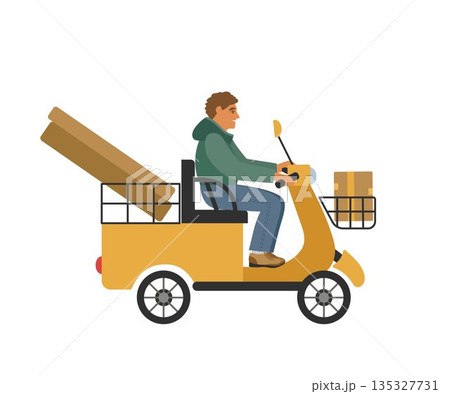 Delivery of parcels and boxes on a yellow electric scooter. The courier guy carries the orders. Vector illustration for design. 135327731