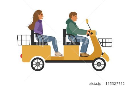 Guy and girl ride on two-seater electric scooter. Fun bike ride together. Concept of active family recreation. 135327732