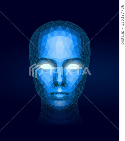 Futuristic Low-Poly Digital Face with Glowing Eyes on Dark Tech Background Futuristic Low-Poly Digital Face with Glowing Eyes on Dark Tech Background 135327736