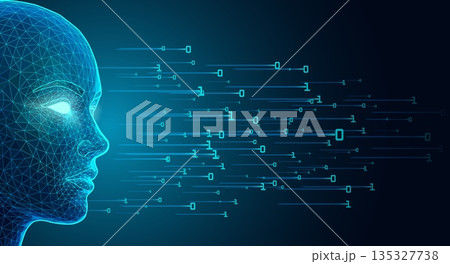 Glowing Blue Wireframe Face Analyzing Binary Data Stream on Futuristic Digital Background Glowing Blue Wireframe Face Analyzing Binary Data Stream on Futuristic Digital Background 135327738