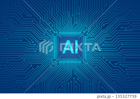 AI Microchip with Radiating Circuit Lines on Futuristic Blue Gradient Background AI Microchip with Radiating Circuit Lines on Futuristic Blue Gradient Background 135327739