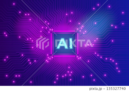 AI Microchip with Glowing Purple Circuitry on Futuristic Dark Gradient Background AI Microchip with Glowing Purple Circuitry on Futuristic Dark Gradient Background 135327740