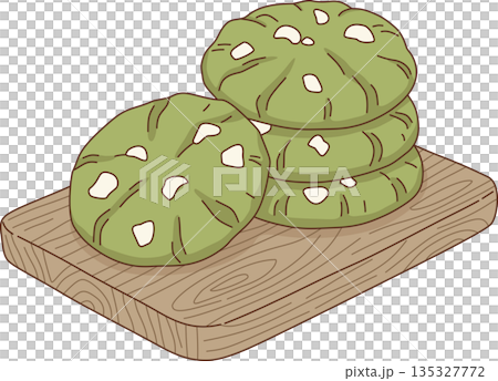 Matcha Green Tea Cookies with White Chocolate Chips Illustration on Wooden Board for Bakery and Cafe Dessert 135327772