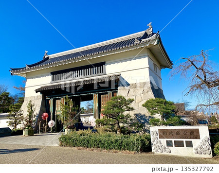 正月飾り(門松)と青空に彩られた岡崎城大手門〈岡崎城公園/愛知県岡崎市〉 135327792