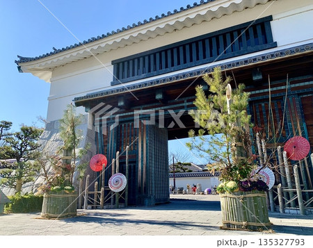 正月飾り(門松)と青空に彩られた岡崎城大手門〈岡崎城公園/愛知県岡崎市〉 正月飾り(門松)と青空に彩られた岡崎城大手門〈岡崎城公園/愛知県岡崎市〉 135327793