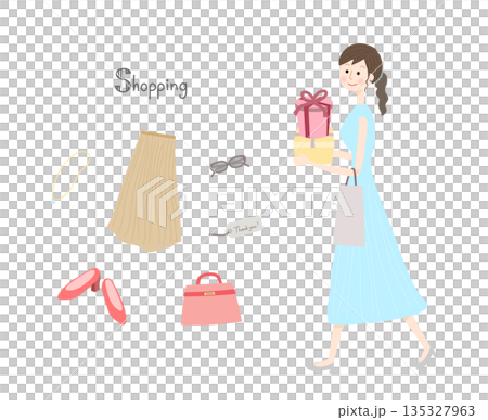 プレゼントボックスを持って歩く女性とファッション小物 プレゼントボックスを持って歩く女性とファッション小物 135327963