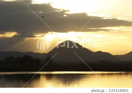 木浜内湖から見た朝焼けの三上山 135328001