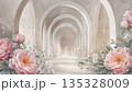 3D Wallpaper with Pink Peonies and Arched Hallway. 3D Wall Mural Design. 3D Perspective Corridor with Pink Peony Flowers. Romantic Floral 3D Illustration Pink Peonies in White Arches 135328009