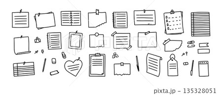 Sticky notes doodles, notebook outline icons. Hand drawn paper scraps and push pins for office reminder, school planner, task list. Simple sketch vector set of torn memo label vector isolated mockups Sticky notes doodles, notebook outline icons. Hand drawn paper scraps and push pins for office reminder, school planner, task list. Simple sketch vector set of torn memo label vector isolated mockups 135328051