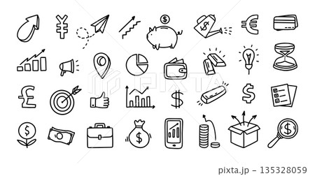 Finance and banking doodle vector icons. Hand drawn piggy bank and credit card, business chart and wallet, golden bar and coins, dollar and euro sign for fintech, budget infographic and marketing Finance and banking doodle vector icons. Hand drawn piggy bank and credit card, business chart and wallet, golden bar and coins, dollar and euro sign for fintech, budget infographic and marketing 135328059