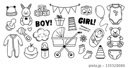 Baby accessories doodle with hand drawn stroller and pacifier for newborn, baby shower invitation and nursery or gender reveal design. Vector set of infant symbols for gift, kids clipart isolated set 135328080