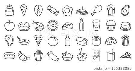 Food and drink line icon set. Fast food, sweets and pizza, hot dogs and burgers, beer and juice, French fries and sushi, popcorn and tacos, seafood and coffee, snacks. Meal minimalist vector logo 135328089