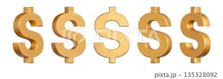 Golden dollar sign. 3D realistic gold dollar symbol views for finance banking banners, investment app UI and e-commerce payment or marketing presentation. Metallic money icon vector isolated set Golden dollar sign. 3D realistic gold dollar symbol views for finance banking banners, investment app UI and e-commerce payment or marketing presentation. Metallic money icon vector isolated set 135328092