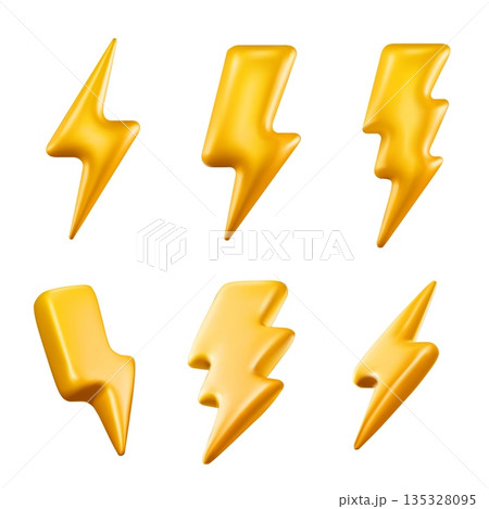 3D lightning bolt glossy plastic icons, electric spark and realistic energy flash for power charger banner, game app button and storm or speed boost sign. Vector set for voltage warning interface 135328095