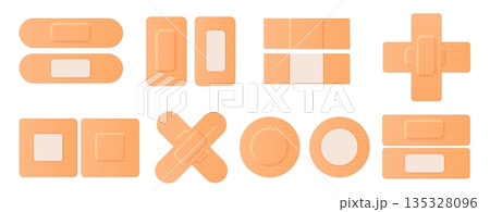 Medical bandage, realistic adhesive plaster with sterile gauze for first aid wound, surgery and skin injuries, blister, antiseptic elastic medicine beige patch. Vector isolated template 135328096