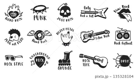 Punk rock music doodle badge. Guitar and skull for heavy metal band branding, vintage merchandise and concert posters. Vector hand drawn set. Horns and flame for sticker, t shirt and album cover Punk rock music doodle badge. Guitar and skull for heavy metal band branding, vintage merchandise and concert posters. Vector hand drawn set. Horns and flame for sticker, t shirt and album cover 135328104