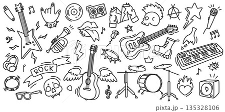 Rock music doodle. Guitar, skull and crown for punk art, grunge texture, and vintage tattoo, sticker. Vector set of fun fire, heart and microphone for cool background, jacket graphic or graffiti Rock music doodle. Guitar, skull and crown for punk art, grunge texture, and vintage tattoo, sticker. Vector set of fun fire, heart and microphone for cool background, jacket graphic or graffiti 135328106