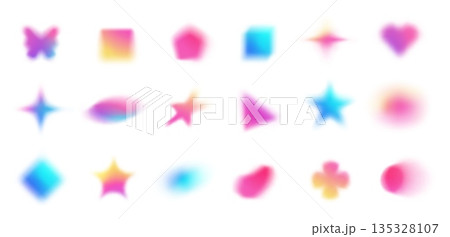 Y2K organic blurry shape with pink, blue and yellow gradient. Fluid holographic abstract effect. Blob and star, heart and butterfly, square and triangle neon light iridescent color fade. Vector set Y2K organic blurry shape with pink, blue and yellow gradient. Fluid holographic abstract effect. Blob and star, heart and butterfly, square and triangle neon light iridescent color fade. Vector set 135328107