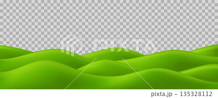3d grass and hill for kid background. Cartoon landscape and green mountain or playground. Vector illustration nature and fantasy park, summer outdoor field. Spring banner, eco scene, cute meadow 135328112
