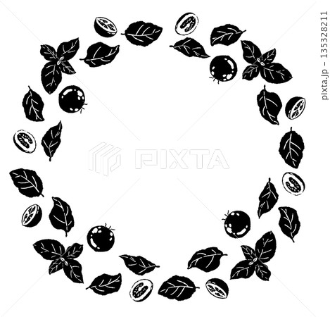 バジルの手書き風モノクロイラスト素材（フレーム・リース・パターンなど） 135328211