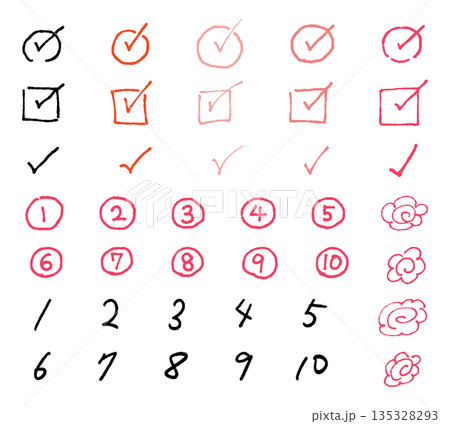 手書きのチェックマーク・数字・花丸のセット 手書きのチェックマーク・数字・花丸のセット 135328293