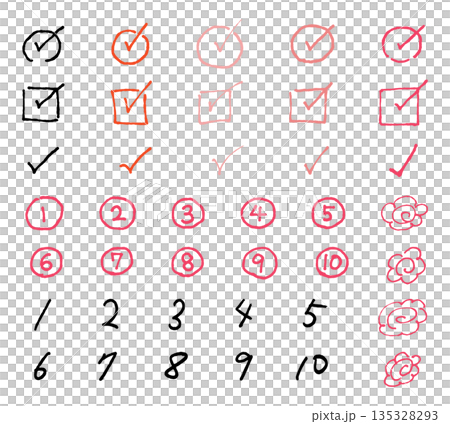 Set of handwritten check marks, numbers and flower circles 135328293