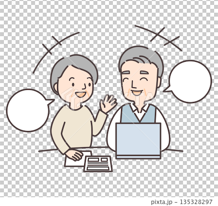 書類とPCを前に楽しそうに話すシニア夫婦 書類とPCを前に楽しそうに話すシニア夫婦 135328297
