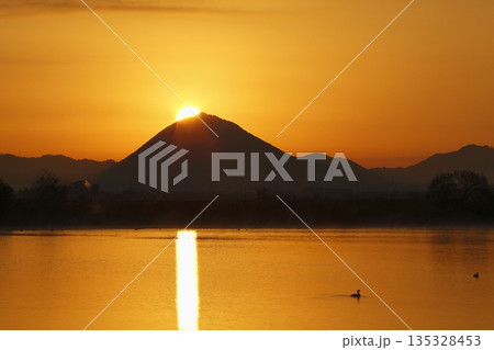 木浜内湖から見た朝焼けの三上山 135328453