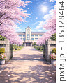 満開の桜が咲く学校の門 135328464
