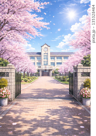 満開の桜が咲く学校の門 135328464