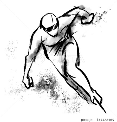 水墨画風のスピードスケートのイラスト、躍動感のあるウィンタースポーツのイラスト 135328465