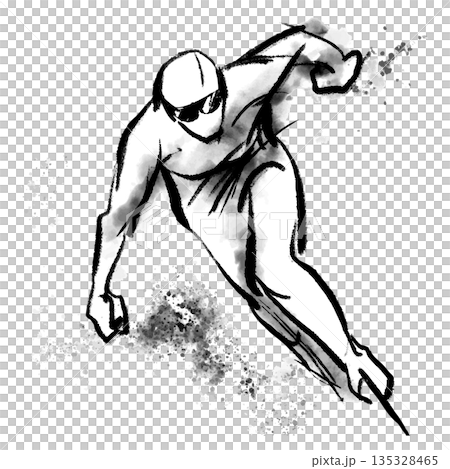 水墨画風のスピードスケートのイラスト、躍動感のあるウィンタースポーツのイラスト 135328465