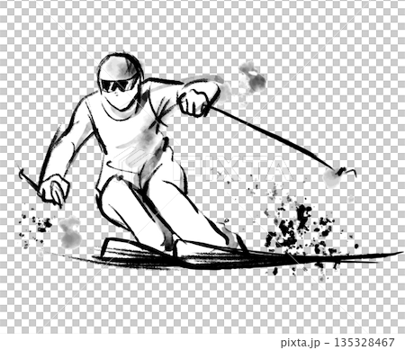 水墨画風のアルペンスキーのイラスト、躍動感のあるウィンタースポーツのイラスト 135328467