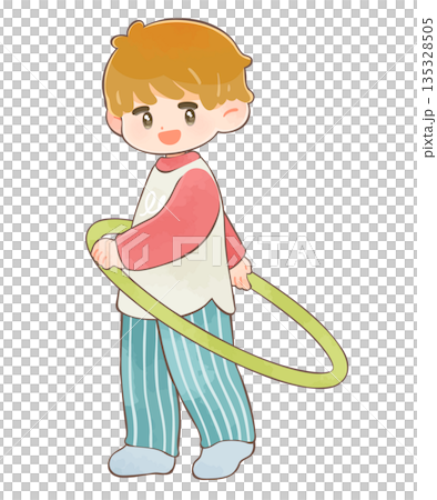 Boy playing with a hula hoop indoors Boy playing with a hula hoop indoors 135328505