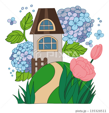 Vector illustration with a cute house and flowers. Meadow with hydrangeas and roses. 135328511