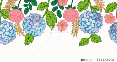 Seamless vector frame. Illustration with blue hydrangeas and pink roses. 135328518