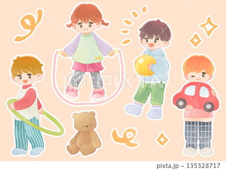遊ぶ子供たちのイラスト素材セット　白フチ 135328717