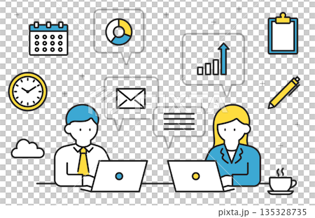 Set of men and women working on computers and business icons - Color Set of men and women working on computers and business icons - Color 135328735