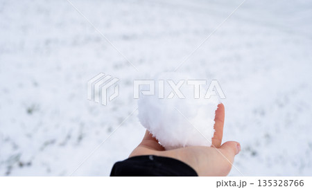 Hand holding a fluffy snowball against snowy winter background outdoors Hand holding a fluffy snowball against snowy winter background outdoors 135328766